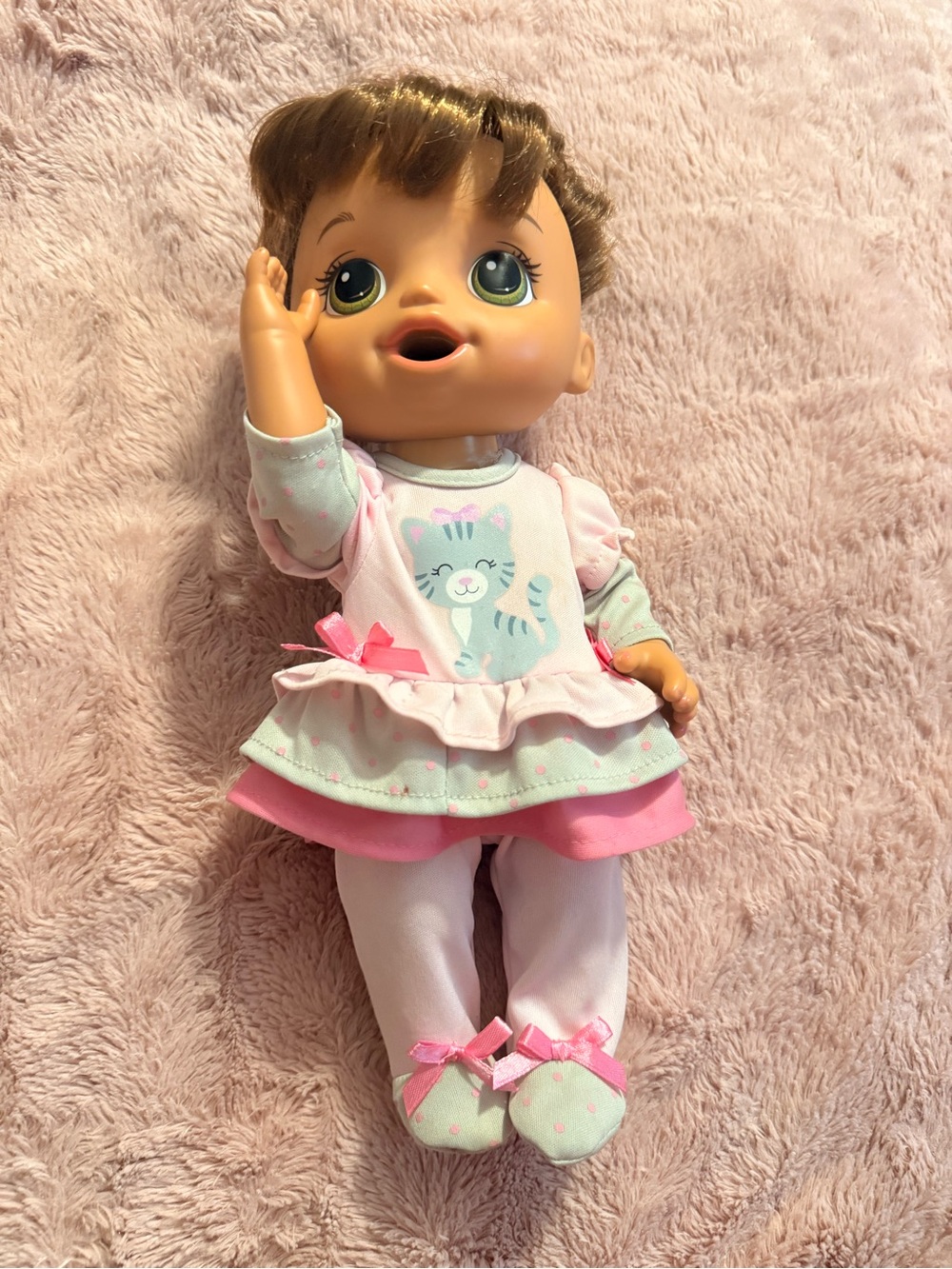 Pink Cat-Themed Baby Doll in Pastel Outfit - two clothes doll included